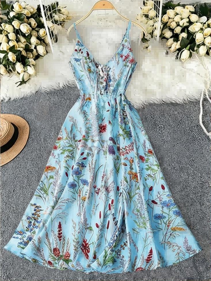 DamenMaxikleid mit Spaghettiträgern, Blumendruck und Bindekragen