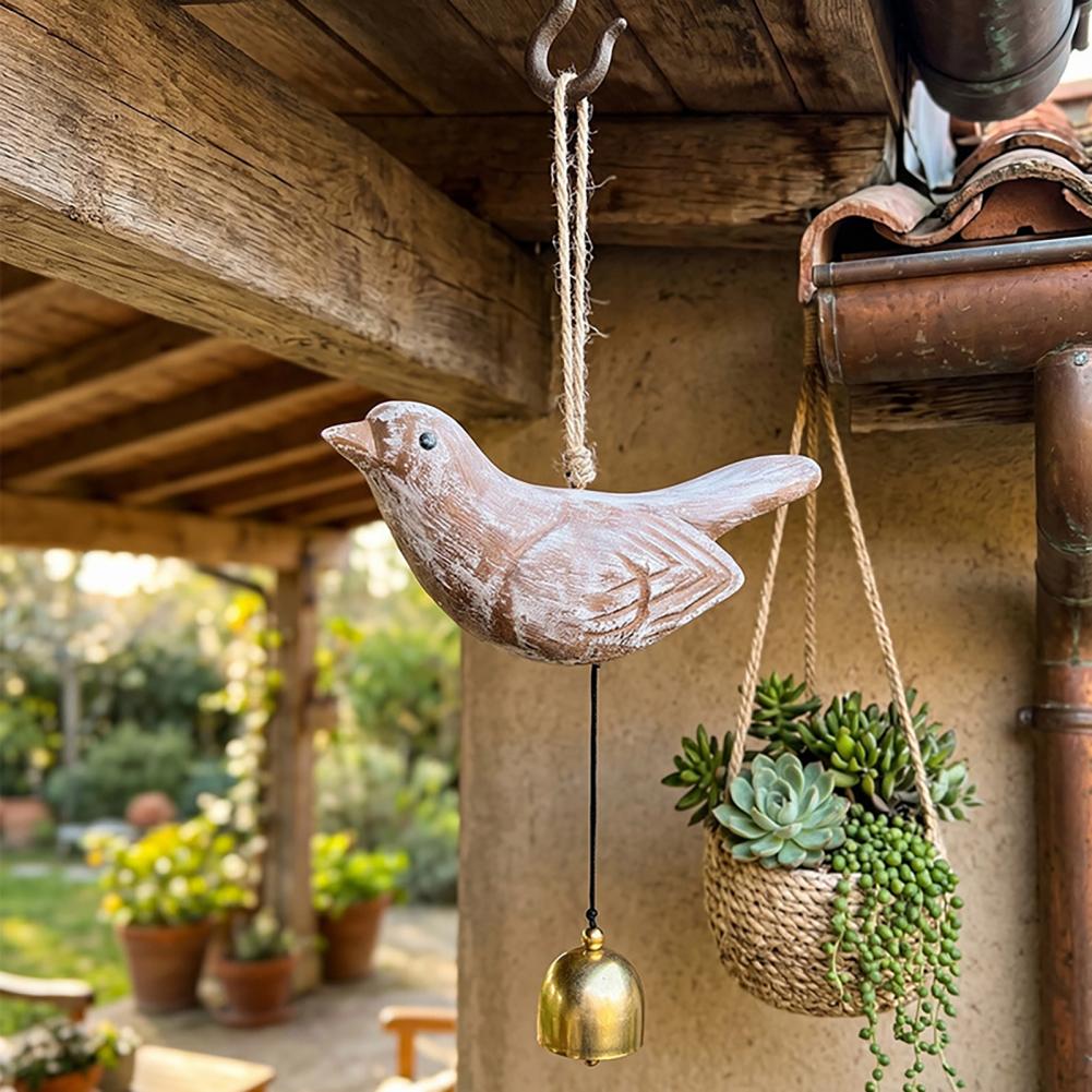 Distressed Wood Wind Chime Rustic Wooden Bird Wind Chime Vintage Hanging Bell Pendant Farmhouse Garden Decor for Patio Balcony