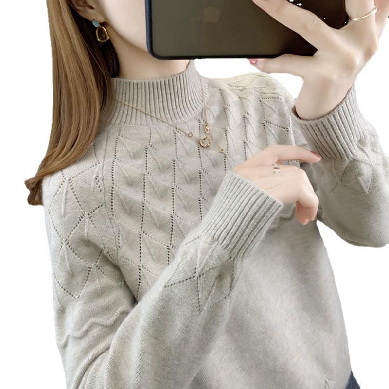 Women's Loose Half-High Neck Knit Sweater - Solid Color, Versatile Autumn/Winter Pullover