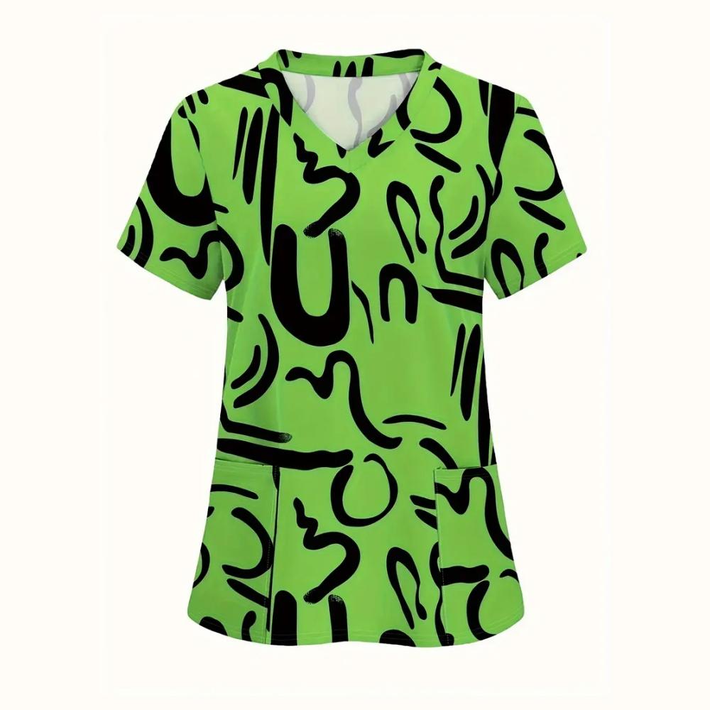 Women's Medical Uniforms Cartoon Pattern Print Dental Nursing Tops Fashion V-Neck Short Sleeve Vet Spa Clinical Uniform Woman