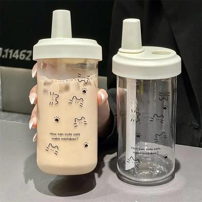 New Plastic Water Bottle For Girls With Straw Lid Bubble Milk Tea Plastic Cup Simple Outdoor School Straw Drinking Water Bottles