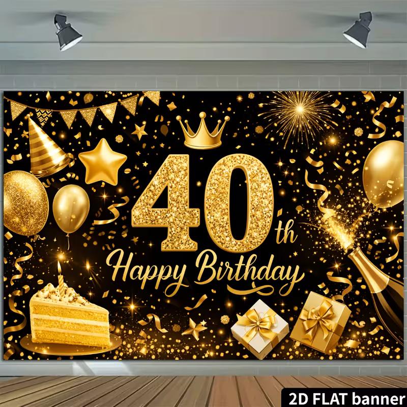 Fundal Banner 2D Negru Auriu cu Paiete Numărul 40 Zi de Naștere Coroană Balon Cadou Tort Fundal Foto