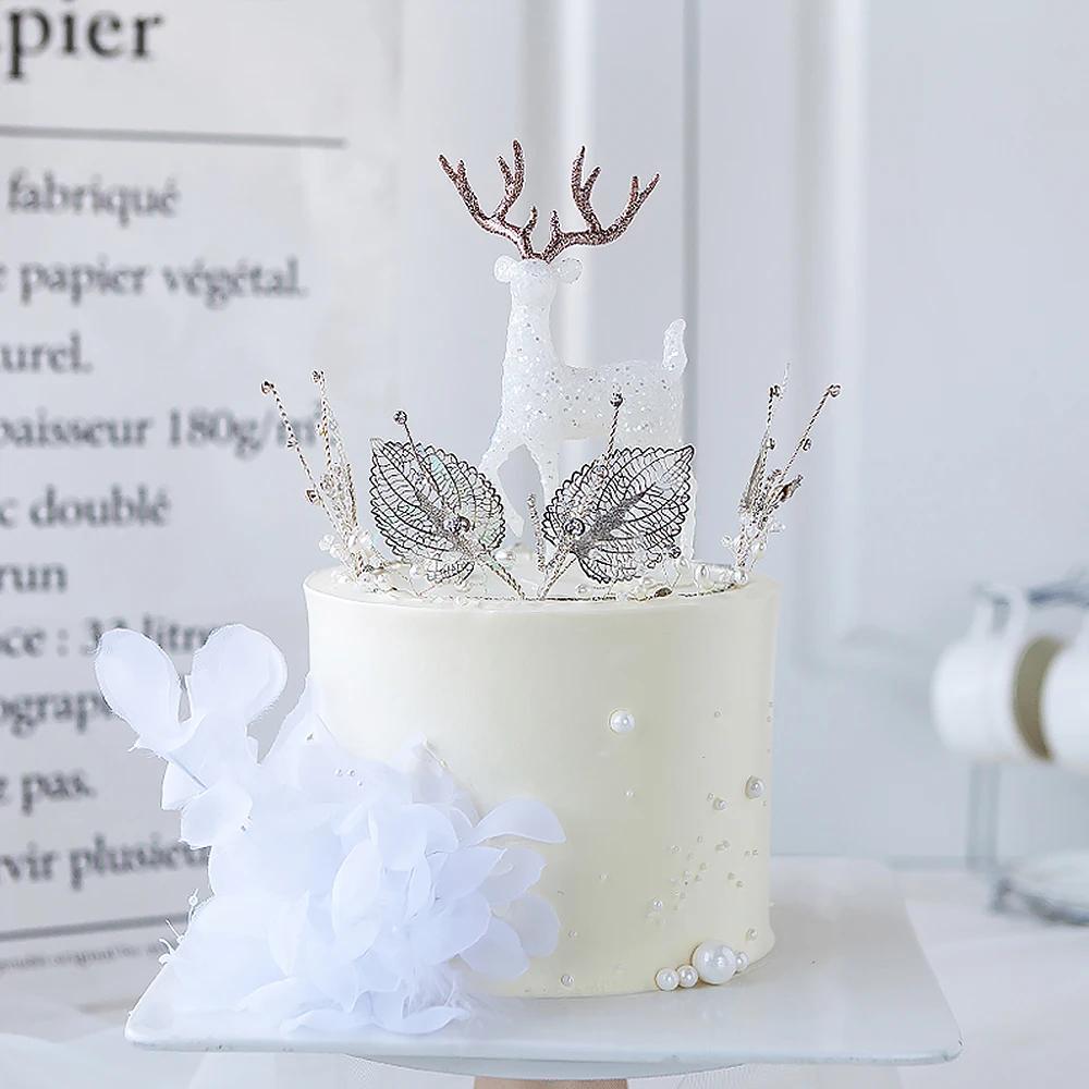 Plastic Crystal Deer Figurines Flash Elk Reindeer Christmas Miniatures Home Office Decoration Birthday Cake Dessert Ornaments