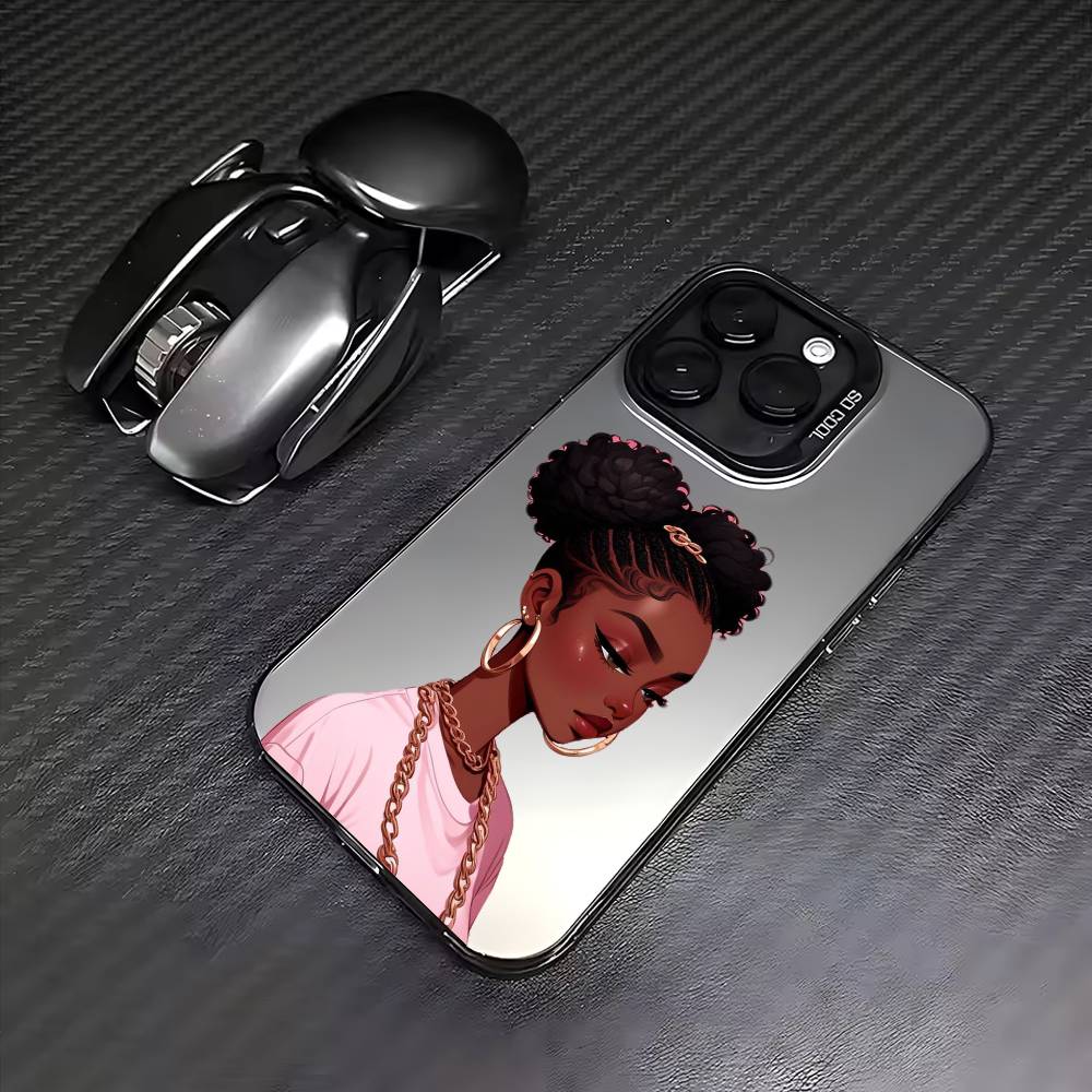 Afro Black Girls Cartoon Phone Case For iPhone 17,16,15,14,13,12,11 Plus,Pro Max,Colored Silver Phone Case
