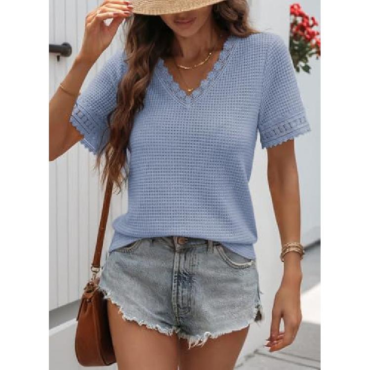 2026 Spring/Summer Women's V-neck Casual Waffle Lace Trim Short Sleeve Top
