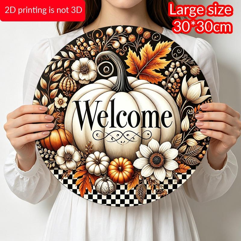 2D Flat Aluminum Decorative Plaques and Ornaments Sign, Welcome White Pumpkin Fall Floral Ornament, Black Checkered Farmhouse Wall Decor, Indoor