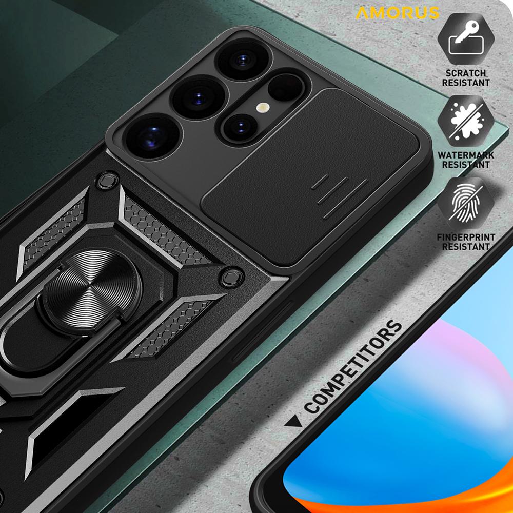 AMORUS For Samsung Galaxy S25 Ultra Case Kickstand PC+TPU Phone Cover with Camera Lens Slider