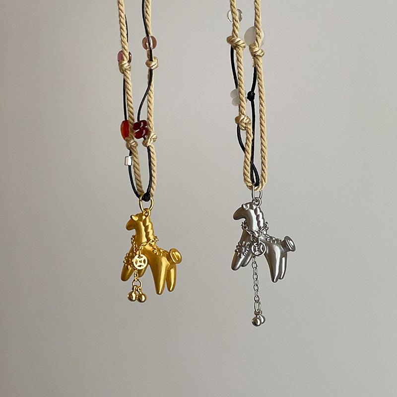 Minar Cartoon Colorful Natural Stone Pony Pendant Necklace Woven Rope Horse Collarbone Double Layers Metallic Chain Choker