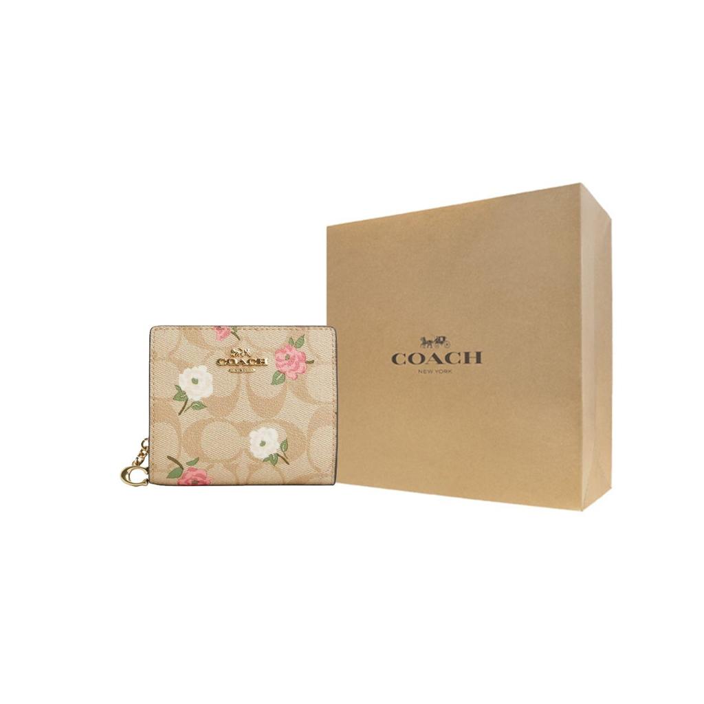 Coach Snap Wallet 11 Floral Print Snap Closure Signature Coated Canvas And Smooth Leather Wallet Women Wallet Gold Light-Khaki Multicolor CR969-IMOTV
