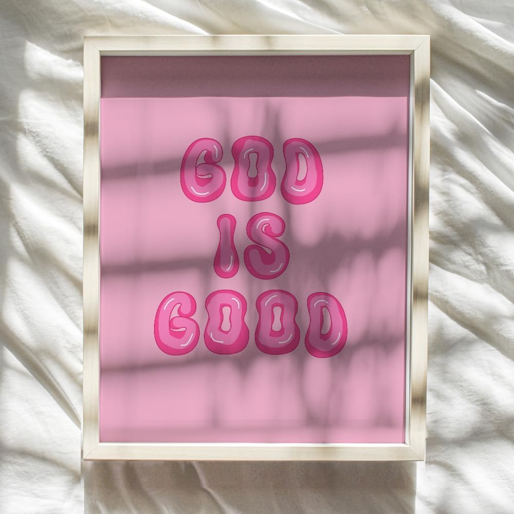 Pink Preppy Christian Wall Decor - God is Good Aesthetic Wall Decor for Women, Woman, Teen Girls - Vintage Retro Religious Gifts - Funky Chic Home