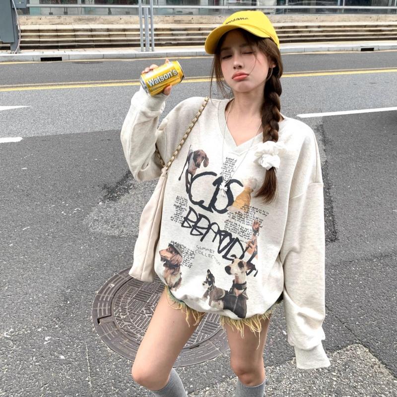 Tricou cu mânecă lungă supradimensionat vintage Casual larg de primăvară toamnă topuri tricou Femei