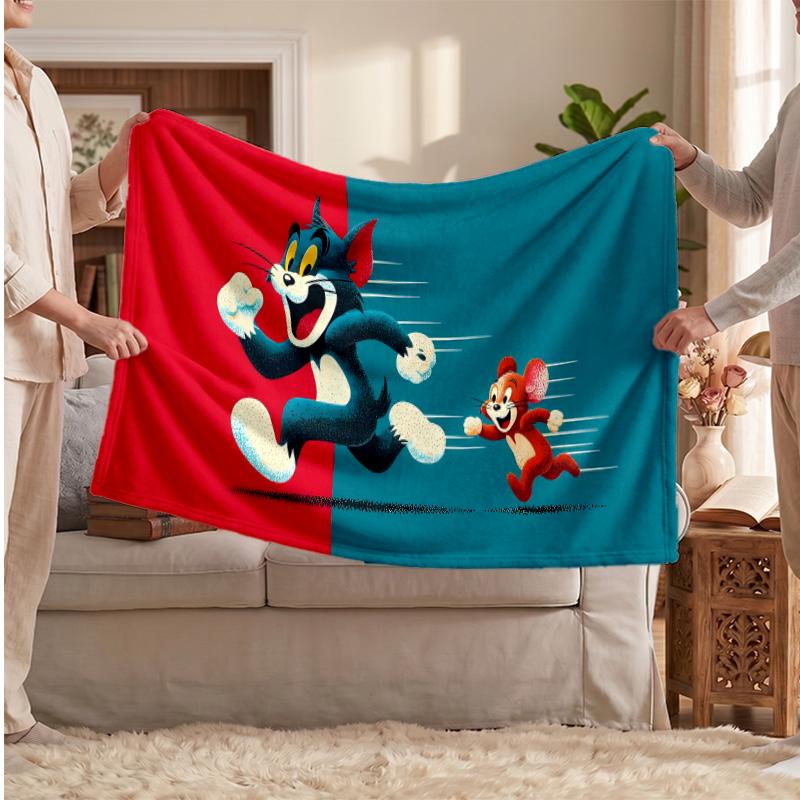 Tom and Jerry Printed Flannel Blanket, Skin Friendly Warm Throw for Indoor Couch Bed Daily Use