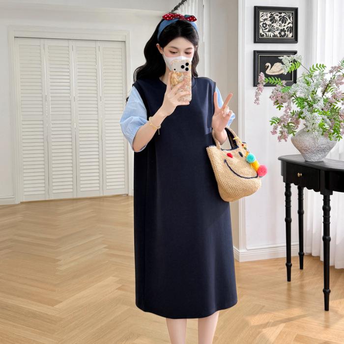 2026 Summer Loose Fit Korean Style Patchwork Maternity Dress - Belly-Concealing Casual Two-Piece Look L