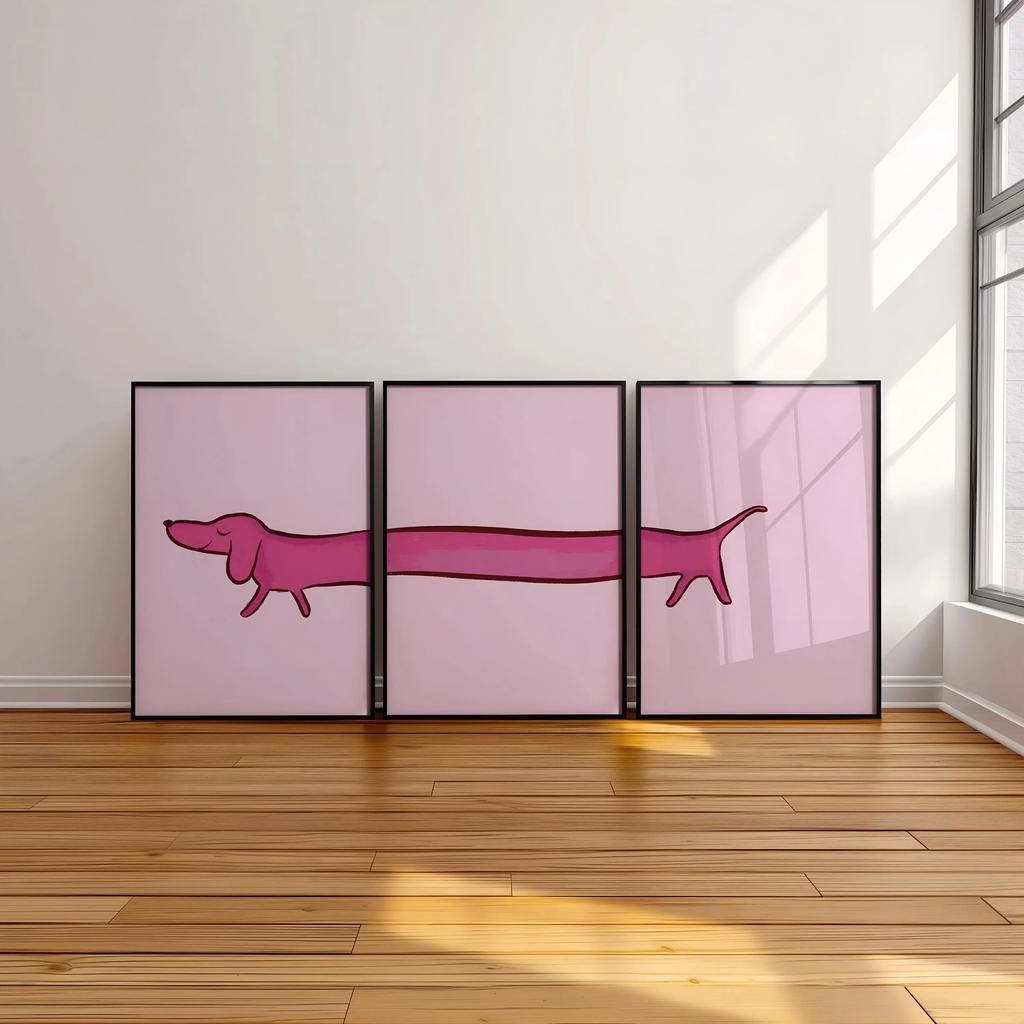 3Pcs Funny Pink Dachshund Wall Art, Minimalist Cartoon Sausage Dog Split Canvas Prints, Cute Whimsical Pastel Pet Wall Arts