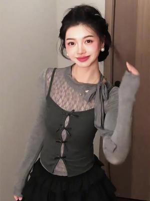Korean Lace Patchwork Long Sleeve Crop Top Set for Women - Early Autumn/Winter Style