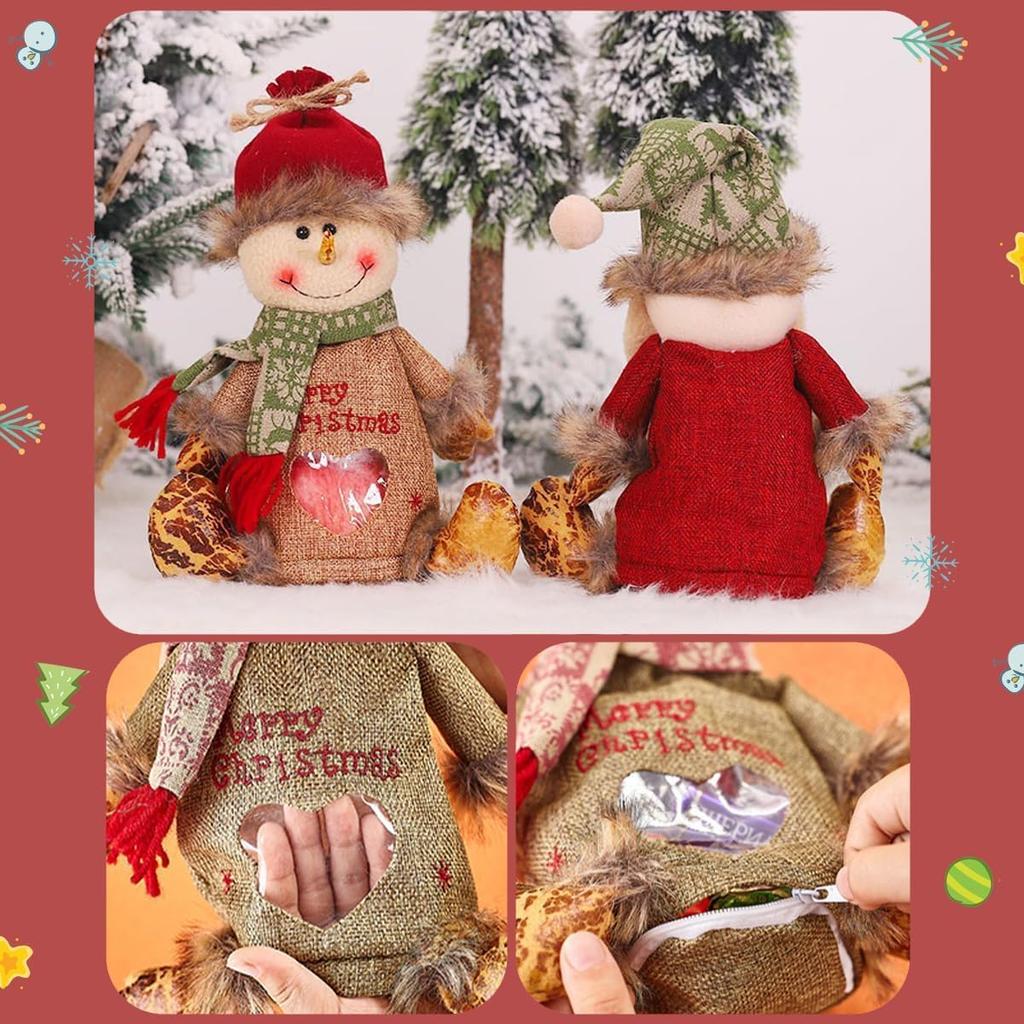 3Pcs Christmas Gifts Candy Bag Zipper Reusable Cartoon Doll Bags with Santa Snowman Style for Party and Festival