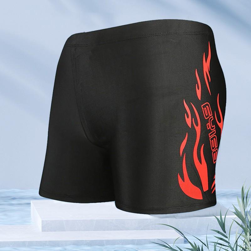 Mens Flame Print Loose Fit Boxer Style Swimming Trunks Quick Dry Nylon Swimwear Pool Beach Surfing