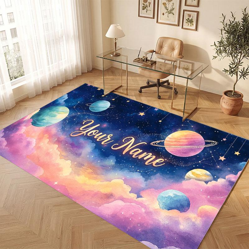 Space Cosmic Theme Crystal Velvet Floor Rug Personalized Custom Name Text Warm Carpet Home Decoration