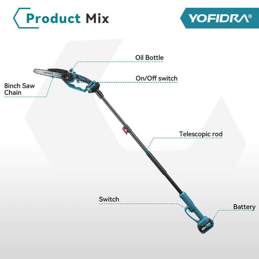 Yofidra Brushless 8Inch Telescoping Pole Electric Chainsaw High Branch Saw Garden Pruning Power Tool For Makita 18V Battery Pin