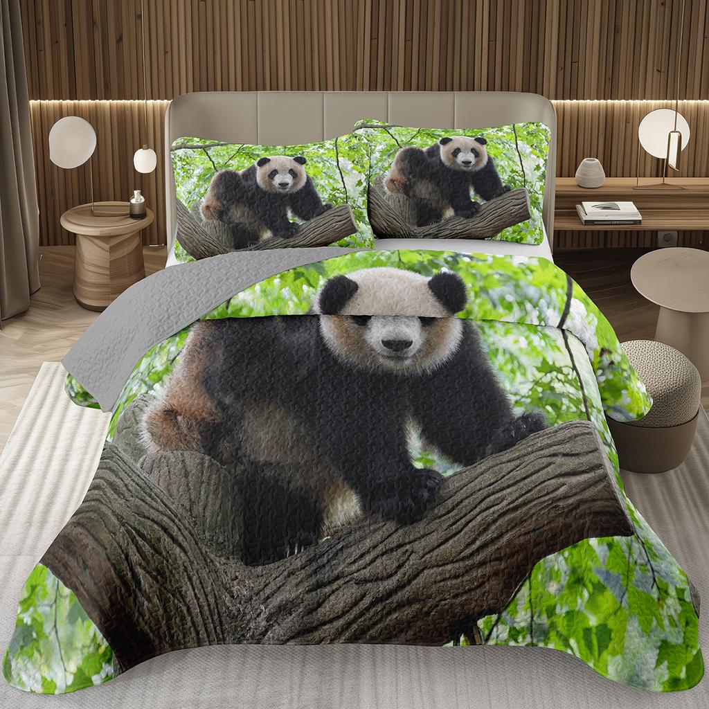 White And Black Panda Bedspread Set Kawaii Bamboo Botanical Twin Quilt Set Cute Panda Themed Coverlet Wild Animal Bedding Set