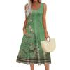 Women's Fashion Round Neck Sleeveless Pleated Beach Dress With Pockets Long Floral Dresses