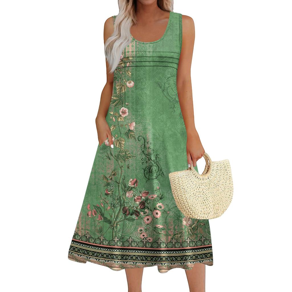 Women's Fashion Round Neck Sleeveless Pleated Beach Dress With Pockets Long Floral Dresses