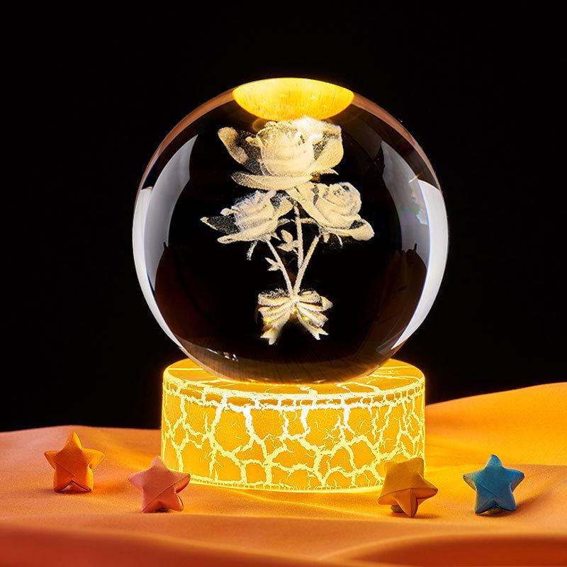 Crystal Ball Night Light with Three Rose Stickers – Elegant Desktop Ornament & Birthday Gift for Girls, Friends, or Boyfriend