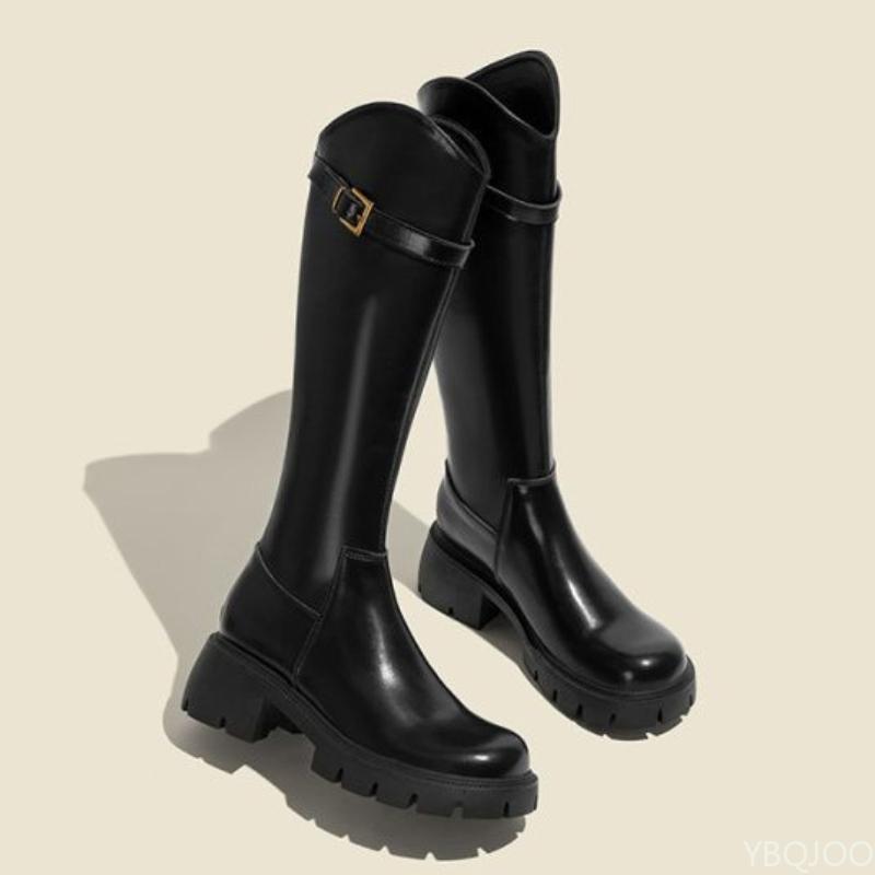 Spring And Autumn New Knight Women'S Shoes Versatile Thick Soled Long Tube Slimming Boots Solid Color Western Boots Platform