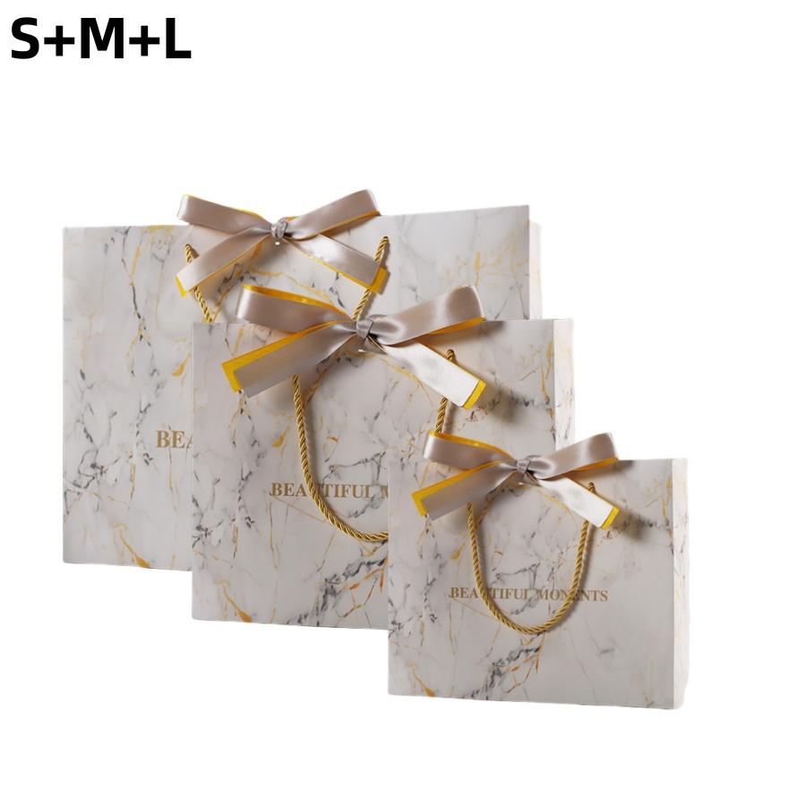 3pcsMarble Pattern Gift Bag Birthday Festival Party White Storage Tote Bag Gold Ribbon Baking Gift Packaging Paper Bag