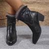 Cross-border Foreign Trade Large Size Boots Women's New Thick Heel Medium Heel Short Boots Pleated High Heel Round Head Western Cowboy Boots
