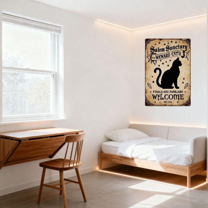 Vintage Salem Sanctuary for WARD CATS Metal Tin Sign, Feral & Familiar Cats Welcome, EST-1692 Witchy Decor, Black Border Cat Sil