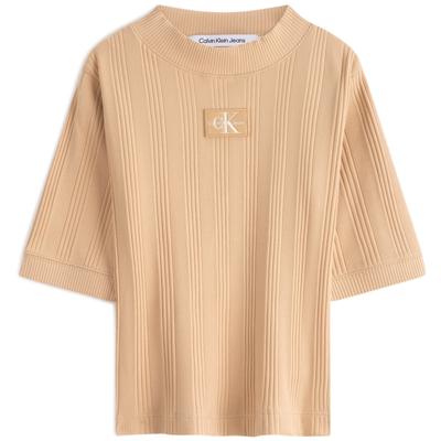 Classic Embroidered Logo Slim Fit Knit Short Sleeve T-Shirt Women Tops Ivory-Yellow J220291