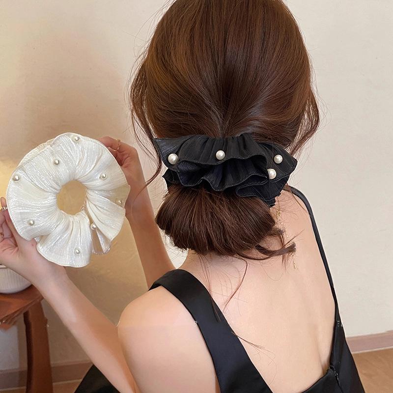 High-End Super Fairy Imitation Pearl Mesh Headband with Pleated Texture Floral Hair Rope Ponytail Accessory