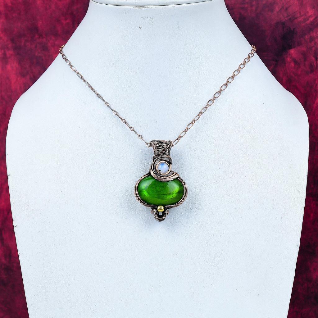 Green Fire Labradorite Pendant Copper Wire Wrapped Rainbow Moonstone Jewelry