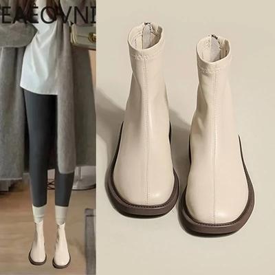Zimní Nové Dámské Kotníkové Boty Módní Měkká Kůže Dámské Elegantní Krátké Boty Čtvercový Nízký Podpatek Chelsea Boty