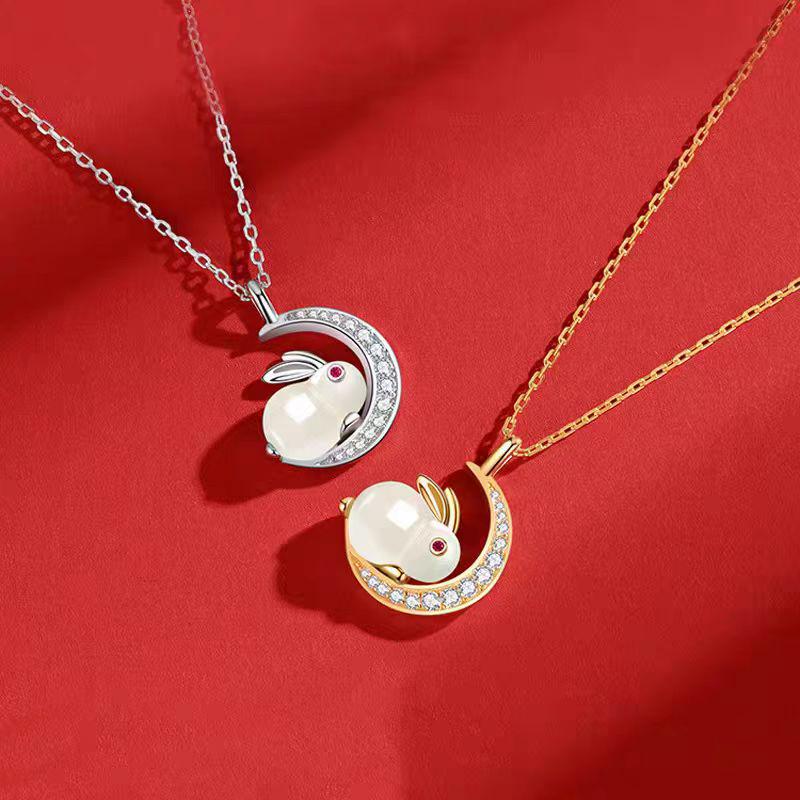 925 Sterling Silver Rabbit Pendant Necklace with Natural Hetian Jade