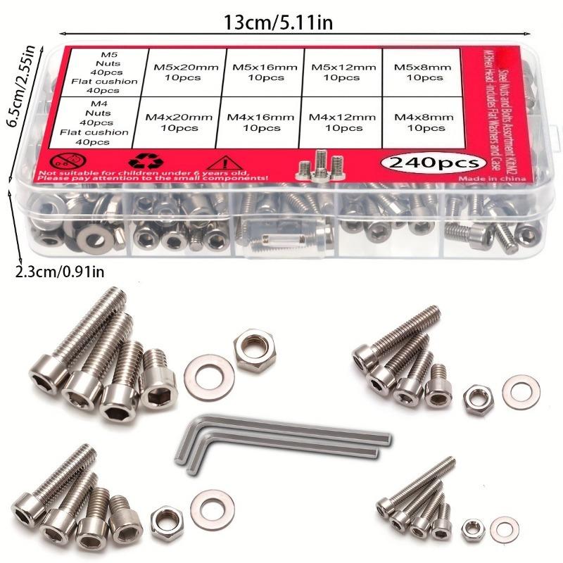 Kit da 240 Pezzi di Dadi e Bulloni Esagonali - M2 M3 M4 M5 - Include Rondelle Piane