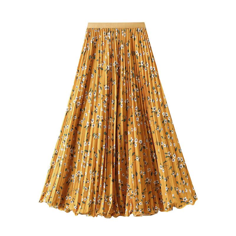 Women's High Waist Floral Pleated Midi Skirt for Spring/Summer 2026 - A-line with Wide Hem (D9908)