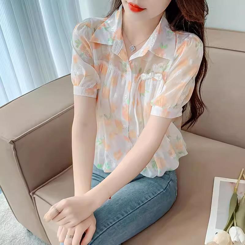 Women's Floral Shirt Short Sleeved Shirt Summer Top Suit Collar Design Sense Niche Base Shirt