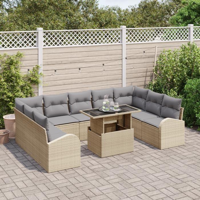 Ensemble de 10 pièces de canapés de jardin avec coussins Beige Rotin Poly, Canapé de jardin 2 places avec rangement 3357443