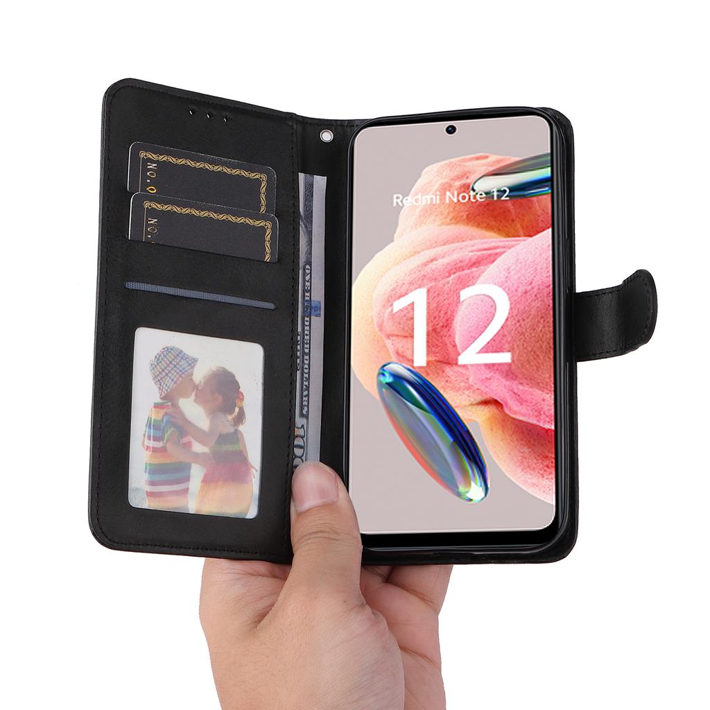 For Xiaomi Redmi Note 12 4G Calf Texture Leather Phone Case Stand Wallet Phone Cover with Strap
