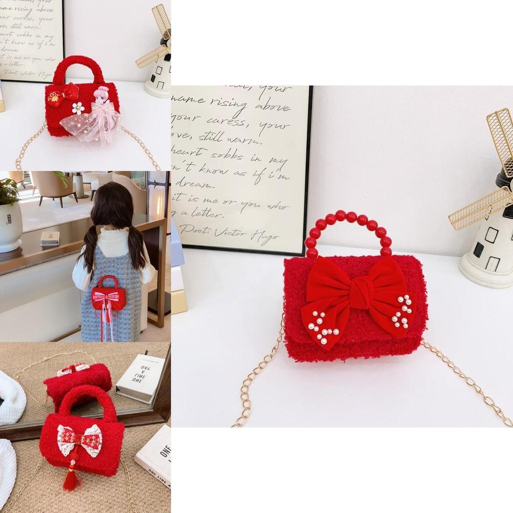 Festive Cute Red Girls Handbag With Butterfly Bow Tassels Perfect For Kids