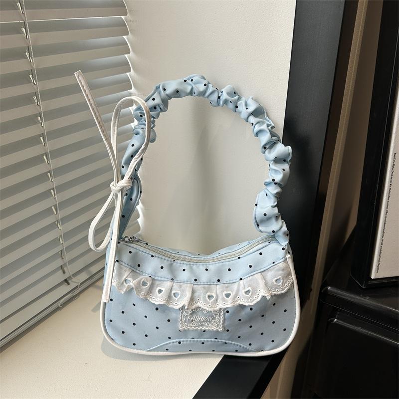 Lace Polka Dot Shoulder Bag Stretchable Strap Large Capacity Pleated Underarm Bag Multi-Color French Stick Handbag Purse