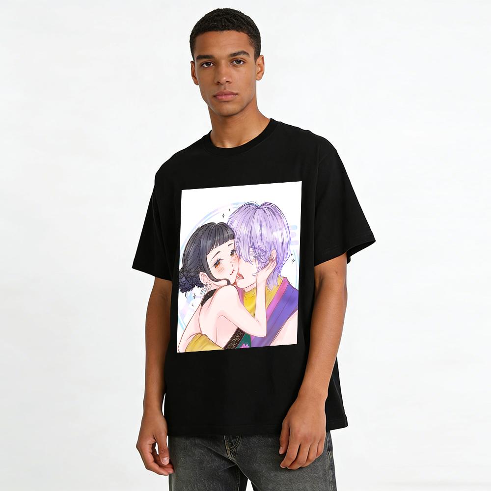 Anime Couple Print T-Shirt Casual Daily Top For Men And Women Cool Cartoon Graphic Tee Pure cotton T-shirt