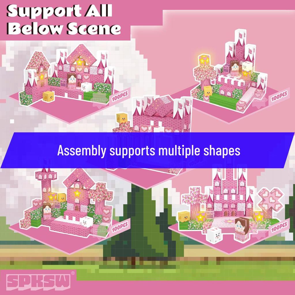 Pink Castle Cube Magnetic Building Block Set - STEM Educational Toy