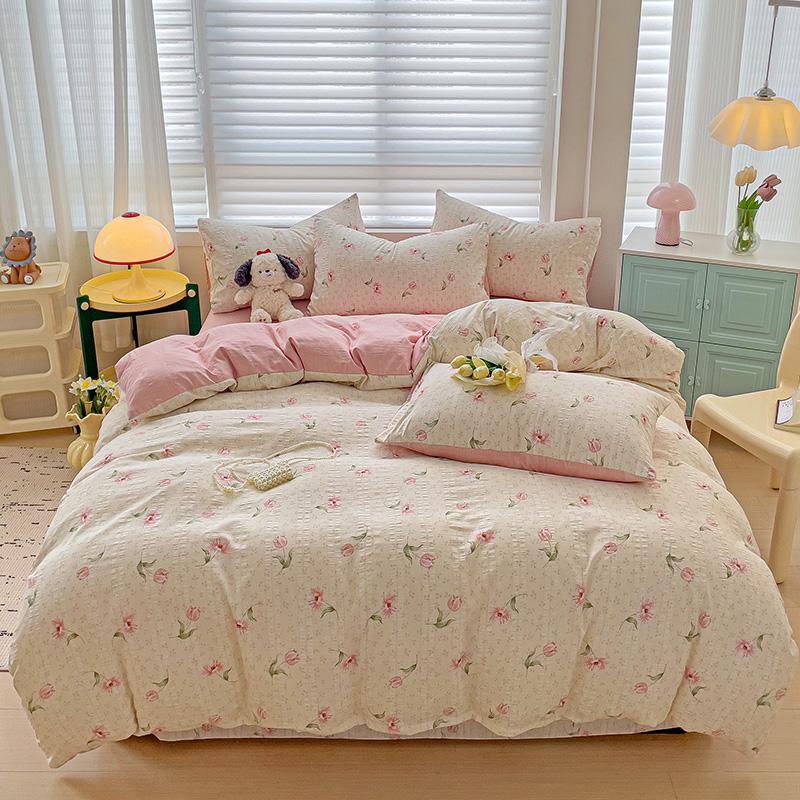 Flowers Bedding Set with Pillowcase Bed Sheet Single Full Size Bed Linen Washed Cotton Duvet Cover Set Queen/King Double Size