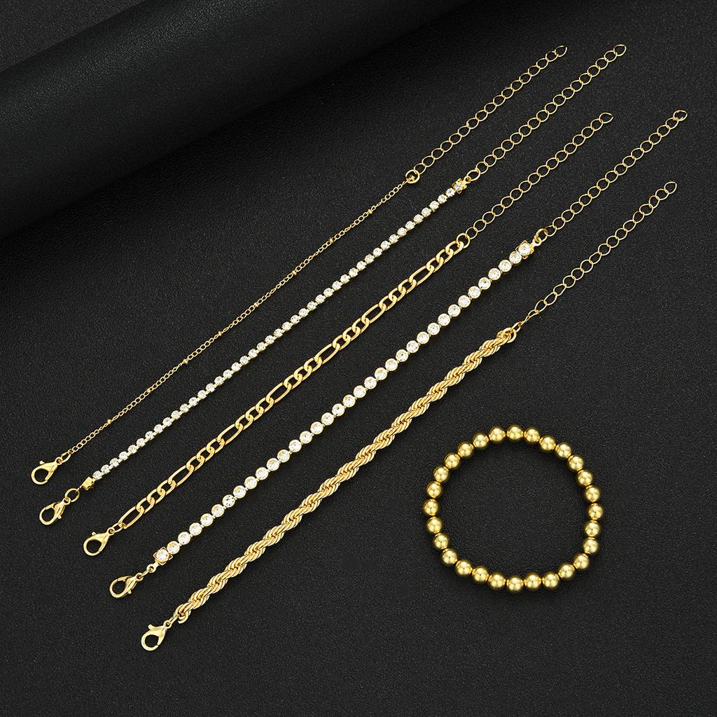 6pcs Vintage Punk Zircon Metal Chain Bracelet Set for Women Beaded Twist Design Multi-Layer Bracelets Daily Wear Jewelry Gifts