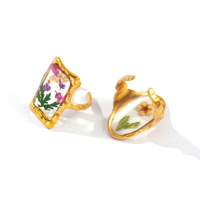 1 Piece Stylish Handmade Resin Jewelry Flower 18K Gold Plated 304 Stainless Steel Open Adjustable Geometric Rings For Women Gift