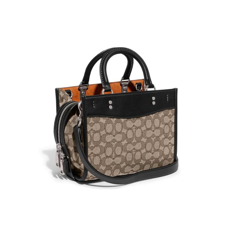 COACH Rogue 25 classic old flower jacquard zipper closure fabric and glove-tanned leather shoulder crossbody tote medium women's gray and black