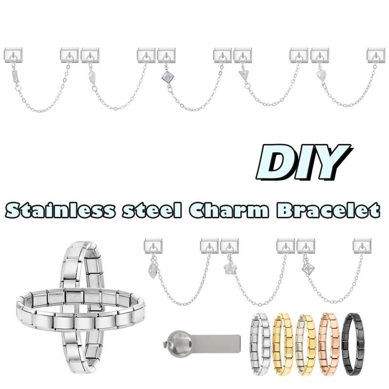 Fashion Leaves Flowers Heart Crystal Chain Tassel Charm Link Fit 9mm Stainless Steel Bracelet DIY Making Valentine's Day Gifts